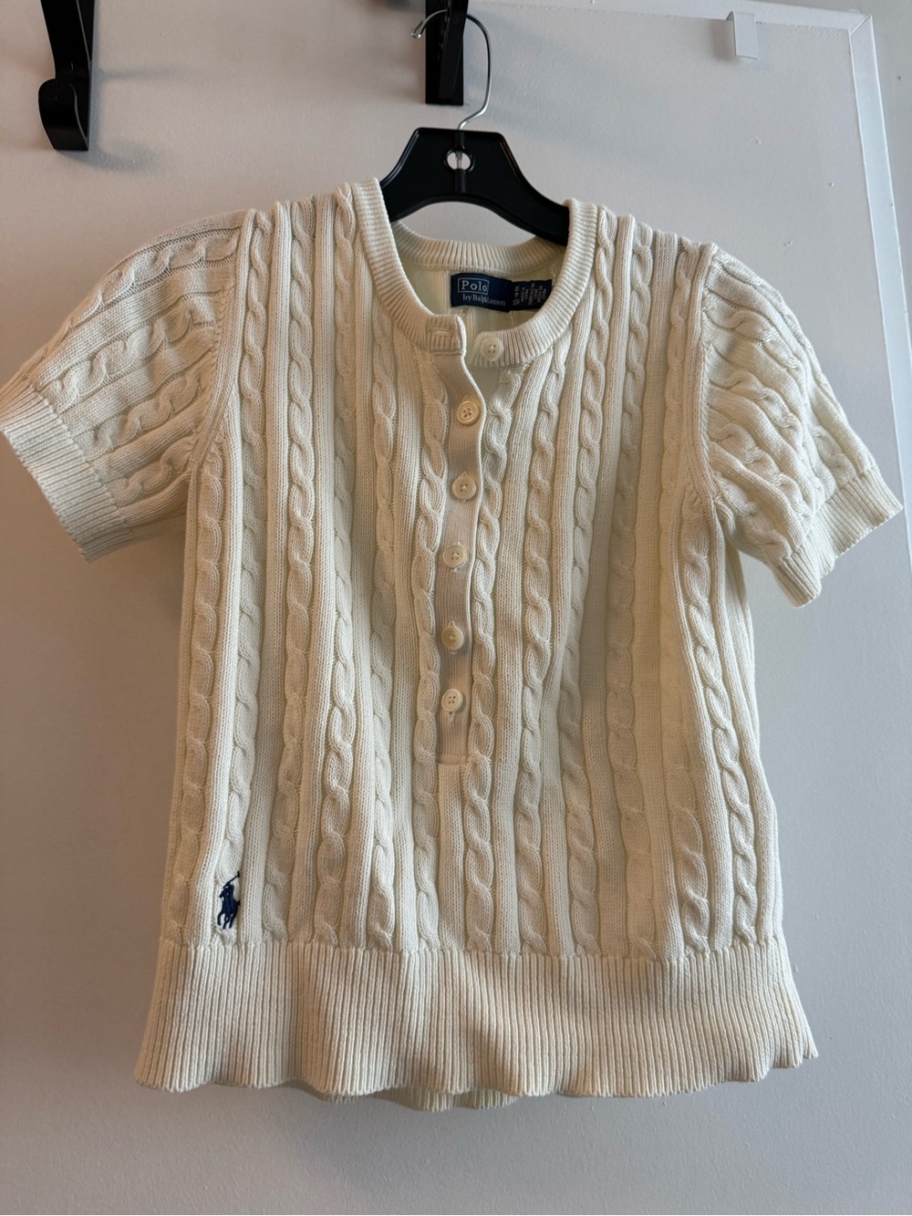 Ralph Lauren Cream Cable-Knit Crewneck Short-Sleeve Sweater